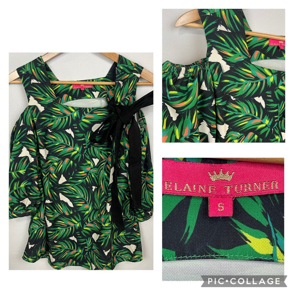 Elaine Turner Cutout Cold Shoulder Tropical Print Blouse Sz.. Small